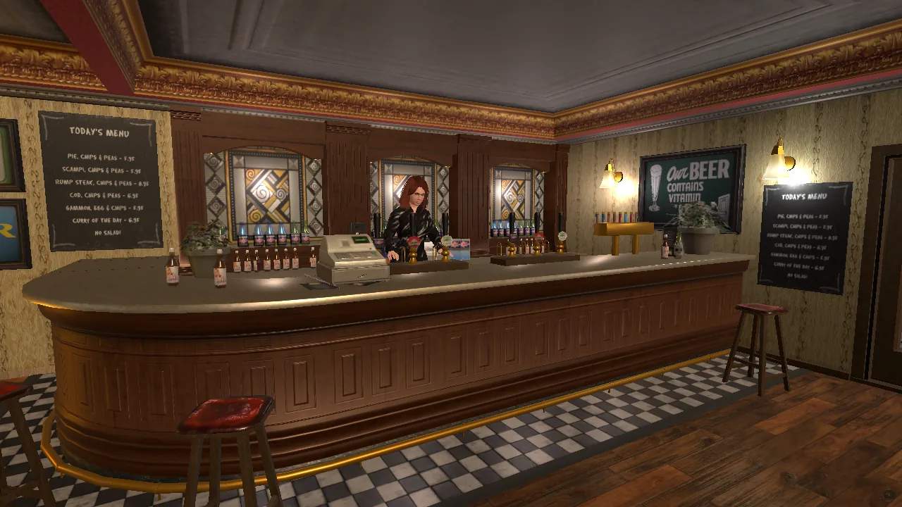 Dot behind the curved wooden bar of the Smuggler's Arms, with chalkboard menus on the walls.
