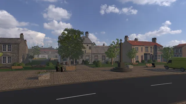 A cobbled market place with a stone cross, a tree and terraced houses.